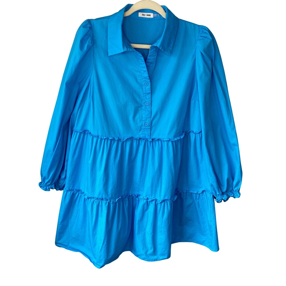 Day + Moon Blue Tiered Cotton Babydoll Mini Dress Puff Sleeve A2066 Large